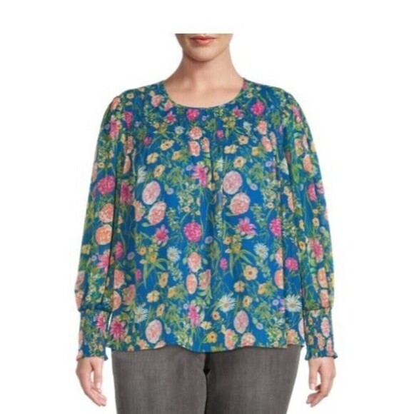 Terra & Sky Blue Smocked Chiffon Floral Blouse Plus Size 3X (24/26) - Picture 7 of 14